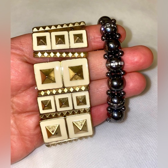 Gold and Cream Geometric Bracelets. Vintage. Stamped Lia Sophia - Picture 1 of 6